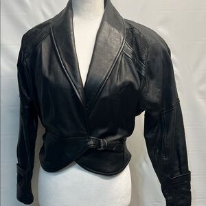 Vintage Black Leather Jacket Cropped Belted Textured Shoulder Panel xs